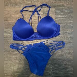 Victoria's Secret Very Sexy Strappy Royal Blue Push Up Bra & Cheekini Set 32C M